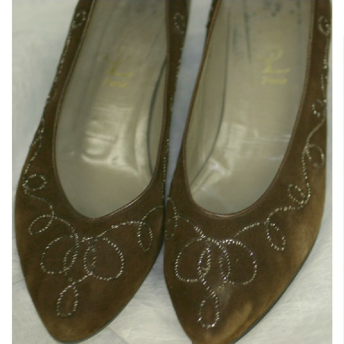 【中古】本物可YSLイヴ・サンローラン女性用焦げ茶スエードx革刺繍付靴サイズ37　230713-2