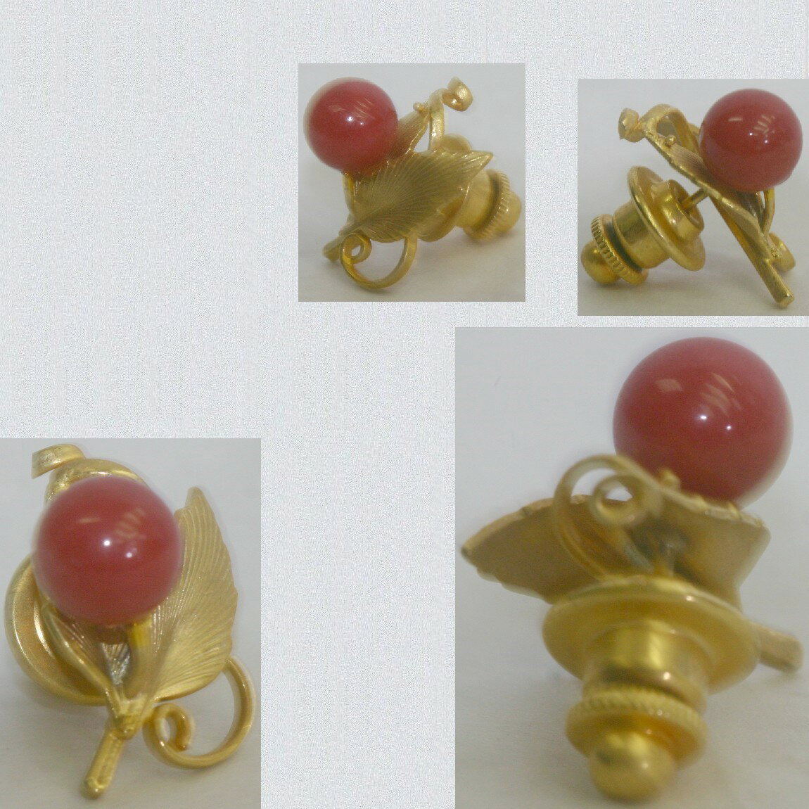 【中古】本物可紅サンゴ付き直径8mm紳士用金色金具に付いたネクタイピン　○B11-124 2