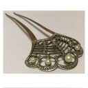 【中古】綺麗真鍮色xシルバー色金具に4個のパールのついた簪　サイズW4,3H11,5cm　〇B18-27-5
