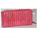 【中古】本物綺麗女性用ピンク色合皮素材のラウンドファスナー長財布 サイズW20H11D1,5cm 〇C19-161-8 X-41