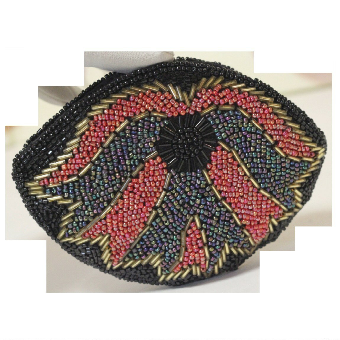 【中古】本物美品女性用ビーズ素材のファスナー付き小銭入れ楕円形カラフルなデザインがお洒落です サイズW13,5H10D2cm 300214-5 X-12