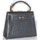 【中古】本物綺麗高級感漂う黒いオーストリッチ素材お洒落なフォルムのハンドバッグ サイズW27H22D10,5cm 〇C19-225 X-51(4)