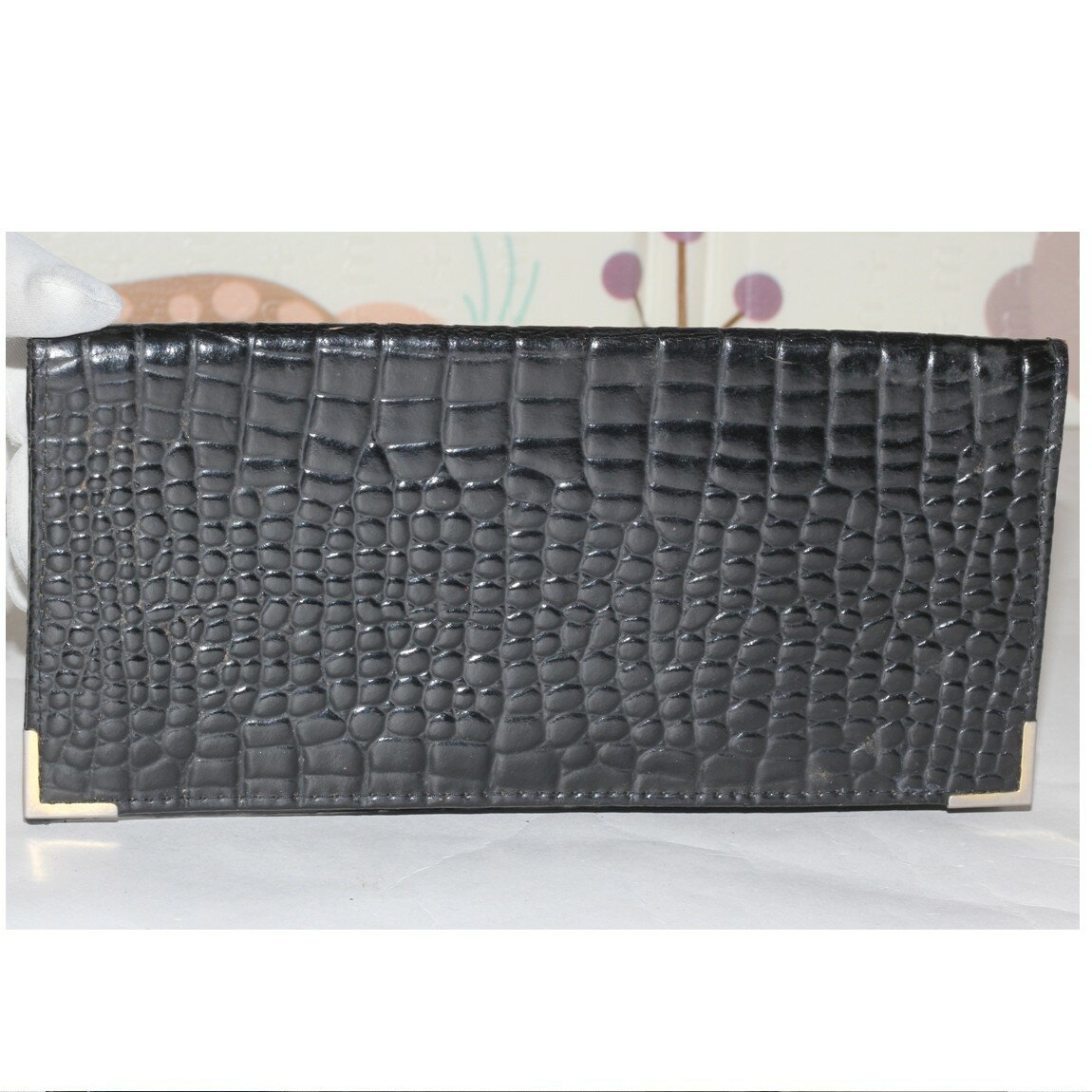 【中古】本物可紳士用の黒いクロコダイル素材の2つ折り長財布 サイズW19H10cm 〇SD13-23 KA-2