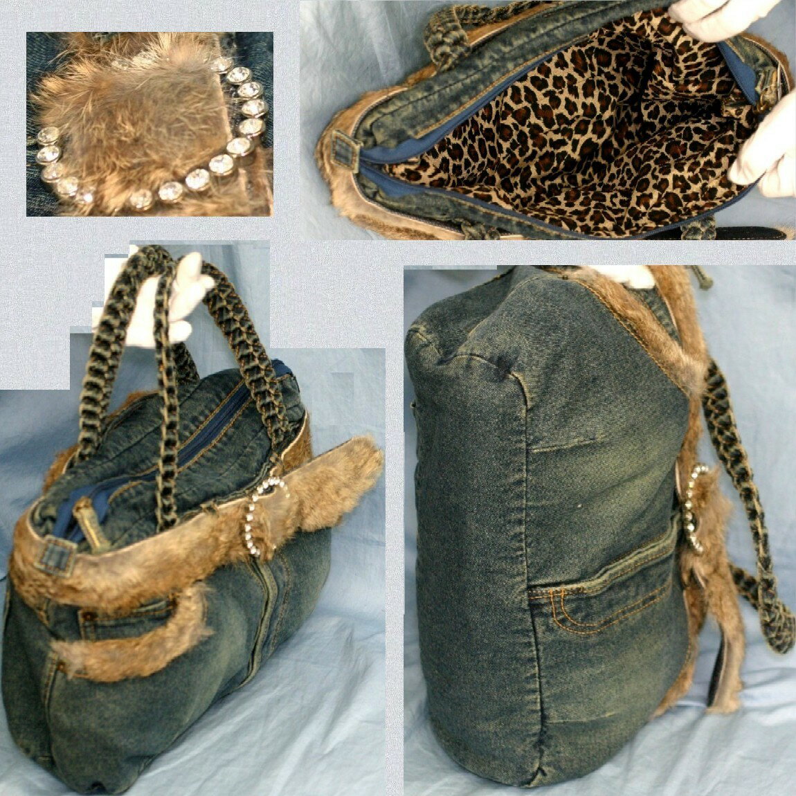 【中古】美品ラインストーン入りベルト付ジーパンの形32cm可愛いバッグ(4)