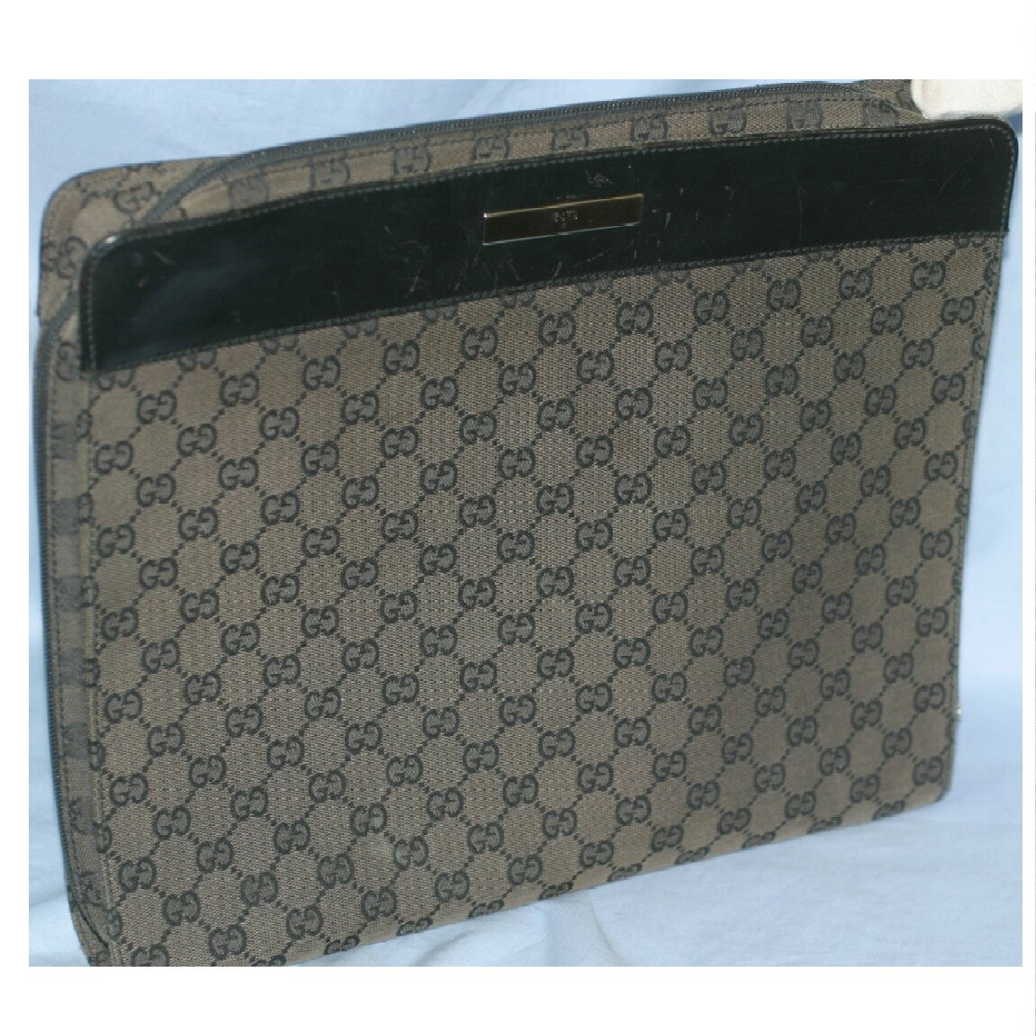 楽天質カラーズ【中古】本物グッチ紳士用黒GG柄x革35x30x5cm書類鞄　〇C10-157