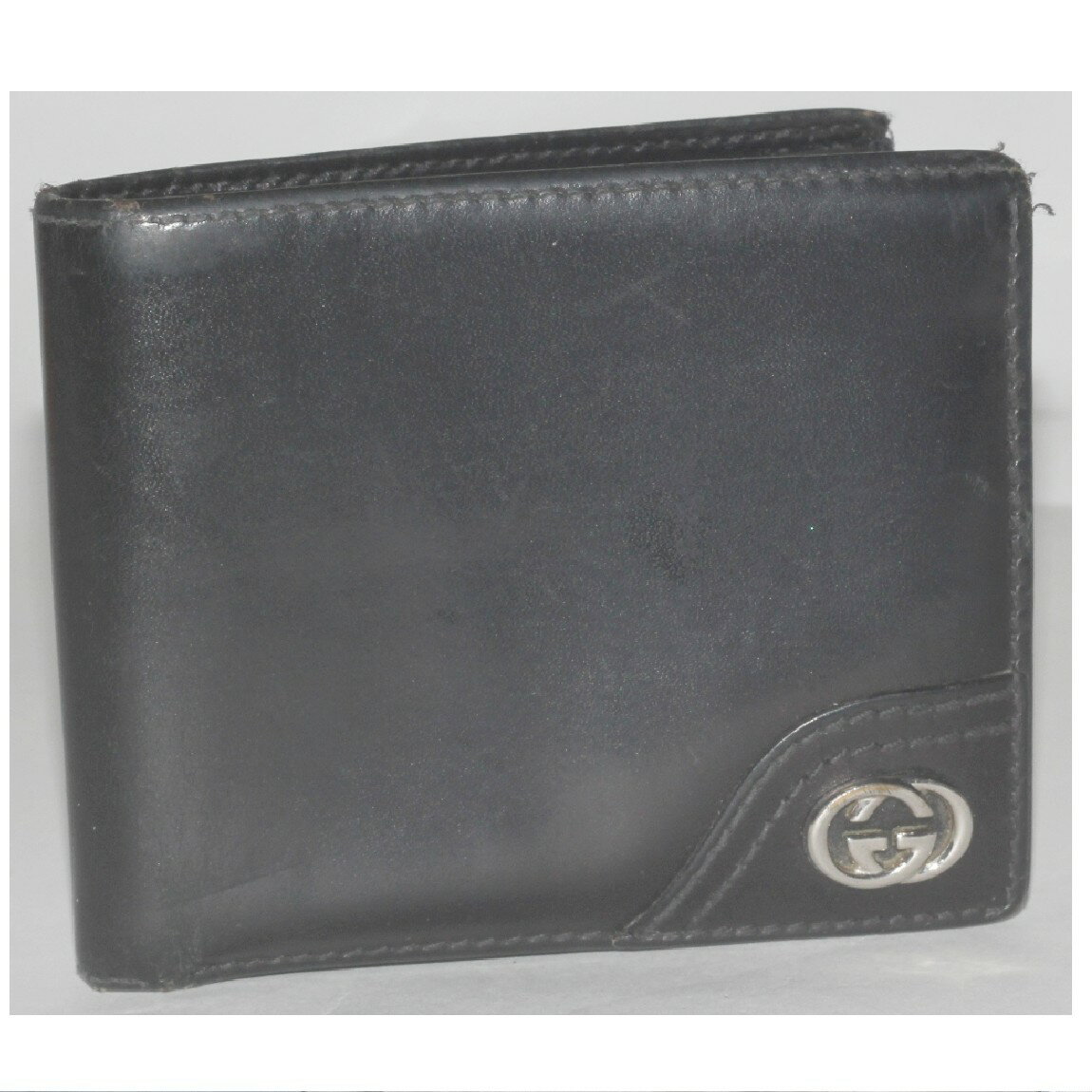 楽天質カラーズ【中古】本物可グッチ紳士用2つ折札カード入れ銀色GGマークグ付き財布　サイズW11H9cm　○C9-394