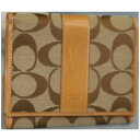 【中古】本物コーチ女性用茶シグxベージュ13x11x2,5センチWホックの財布 ○C7-118-2