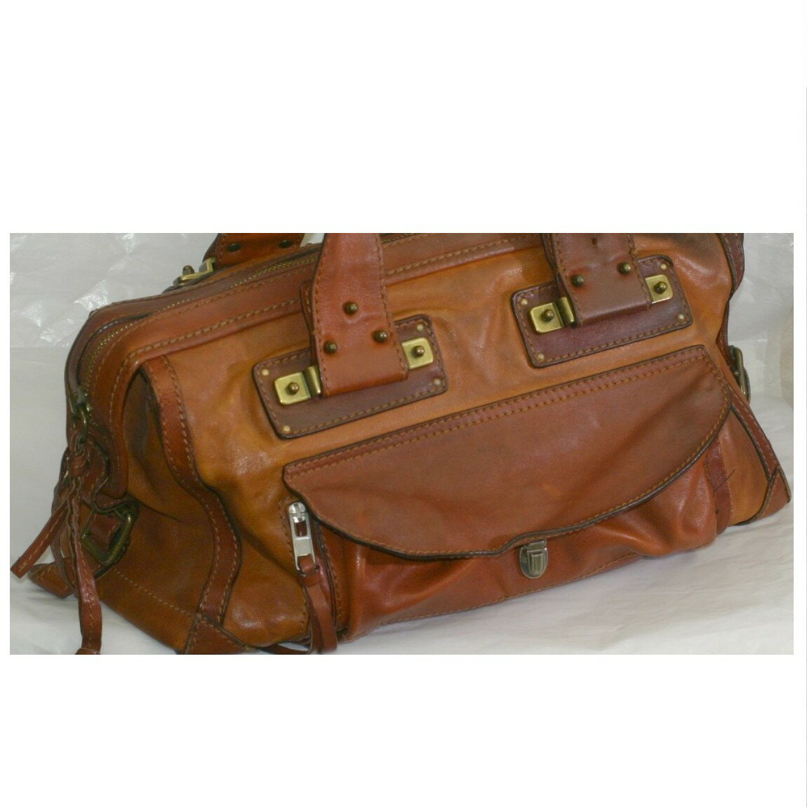 【中古】本物クロエ丈夫な茶色い革素材のアンティークなボストンバッグ兼旅行鞄 ○C12-342