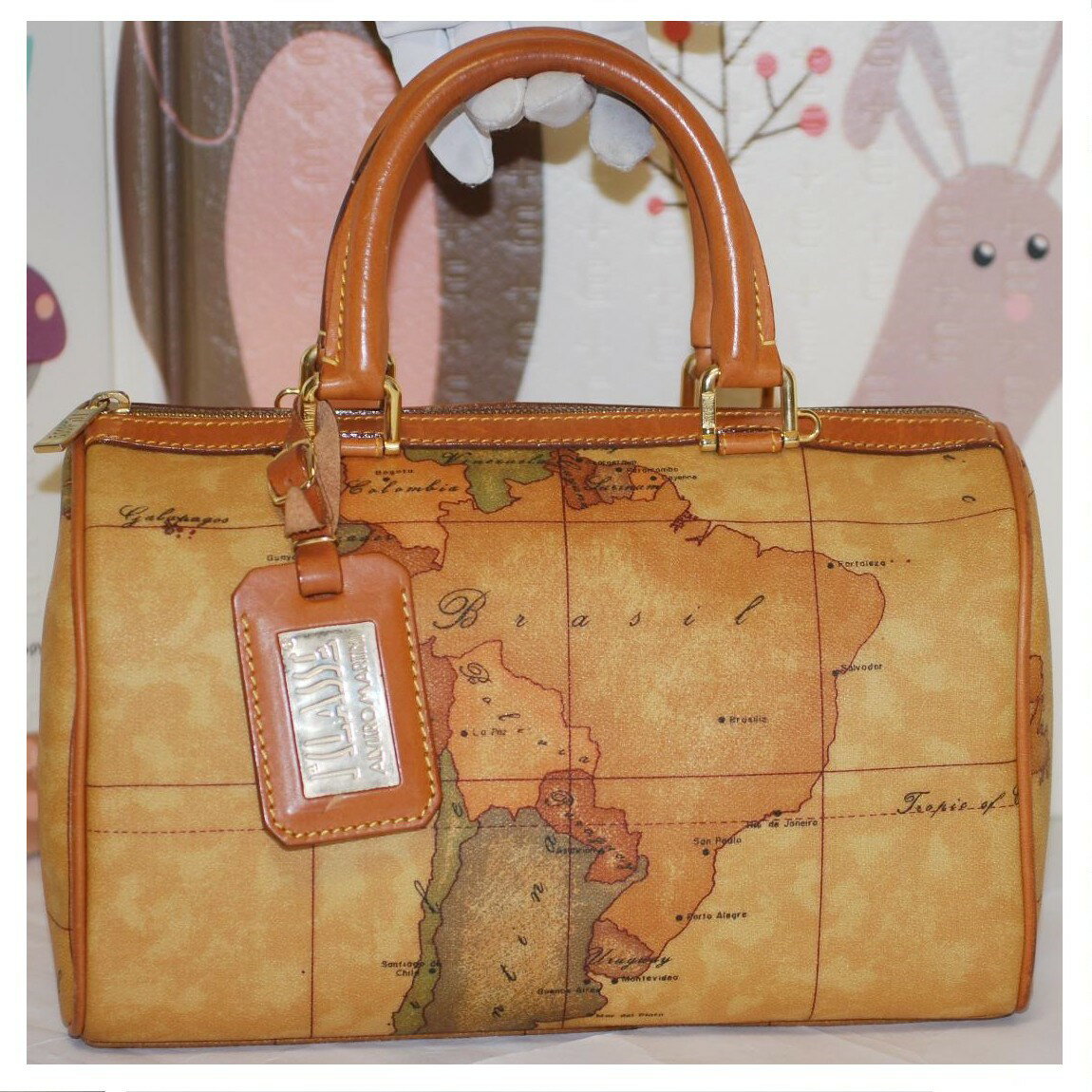 【中古】本物抜群に綺麗プリマクラッセの世界地図柄茶色革素材29cmのボストンバッグ サイズW29H17D14cm 〇C18-19