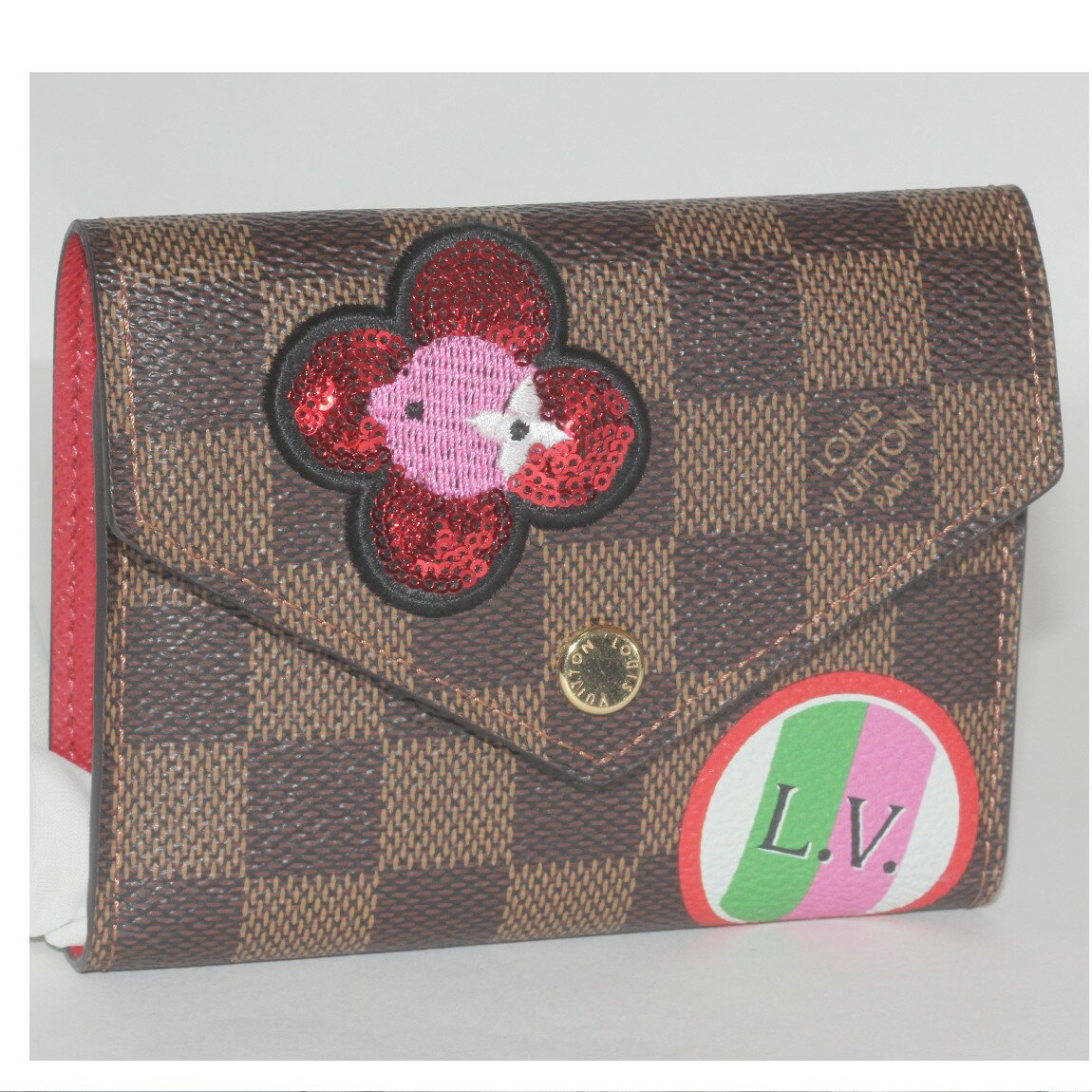 楽天質カラーズ【中古】本物未使用品L/Vダミエ柄にユニークなパッチワークを施した女性用小ぶりの3つ折り財布　サイズW12H9,5D2,5cm　〇C19-　X-20