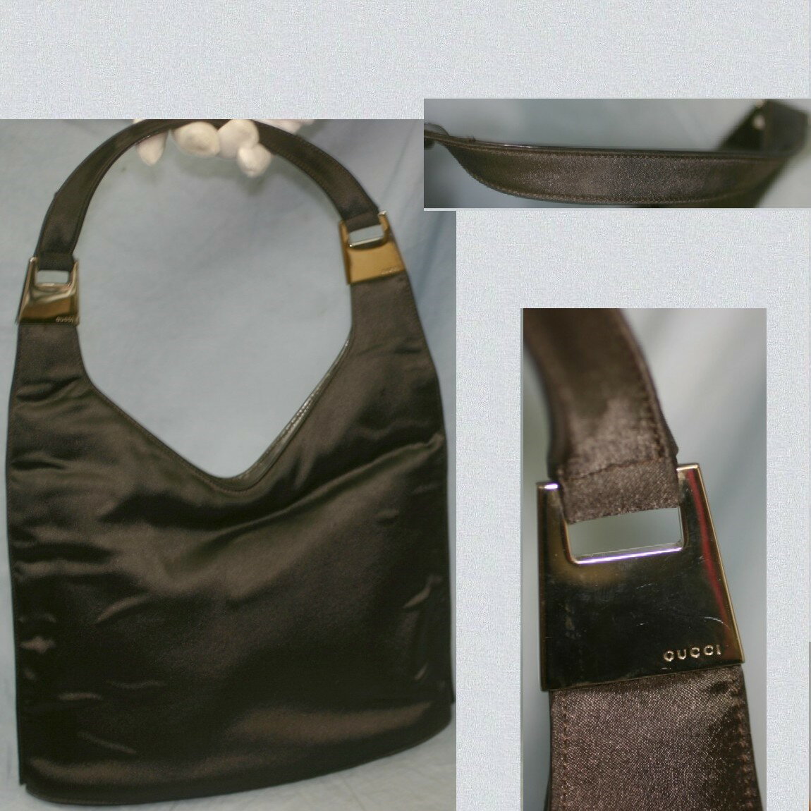 楽天質カラーズ【中古】本物美品グッチ女性用28センチ黒ナイロンx革お洒落なセミショルダー ○C8-61