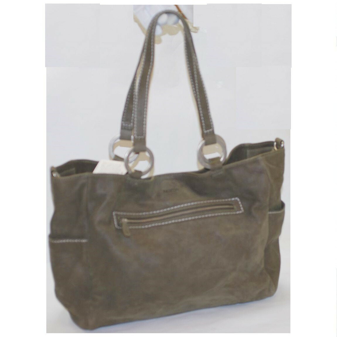 【中古】本物未使用BARCOSバルコスのグレーがかった緑色革素材のトートバッグ　サイズW36H22D12,5cm　NY-63　2C3