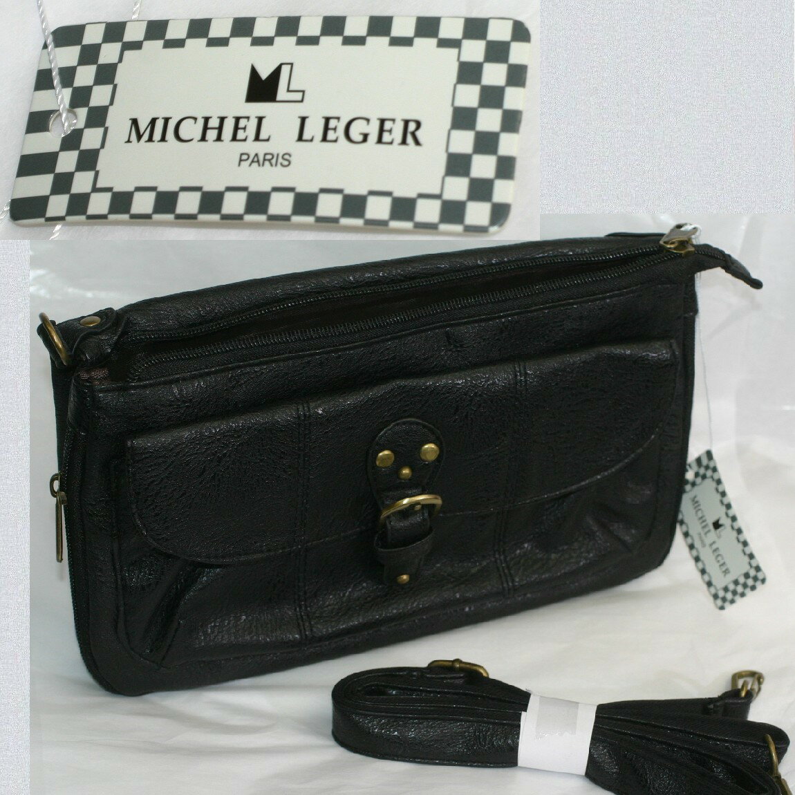 【中古】本物ほぼ新品MICHEL LEGERミッシェルレジェ黒い取り外し可能なショルダーストラップのついた斜め掛け可能なバッグ サイズW26H14,5cm ○C12-380-4