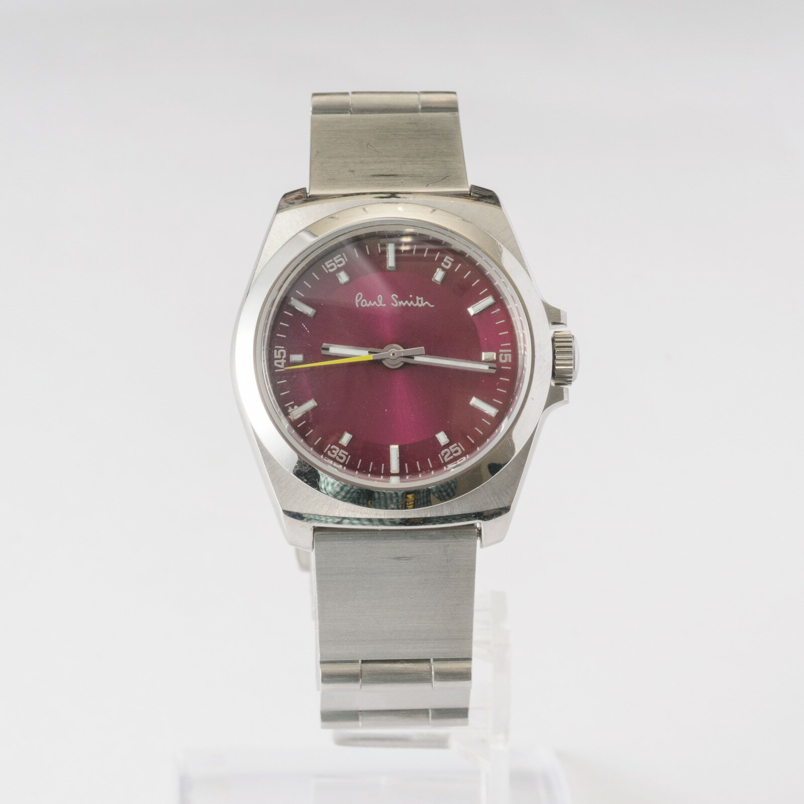 【中古】本物完動美品ポールスミス女性用綺麗なワインカラー文字盤シルバーケースの時計1032-K18507 CK 時間は正確です1ヶ月保障つき ○A12-76