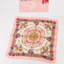 【中古】美品女性用ピンク色x薄いベージュ色地にカラフルな模様シルクのスカーフ サイズ86x86cm 300905-5