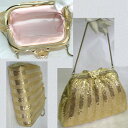 【中古】本物ほぼ新品女性用金色メタルビーズ素材パーティーバッグW18,5H14,5D5cm