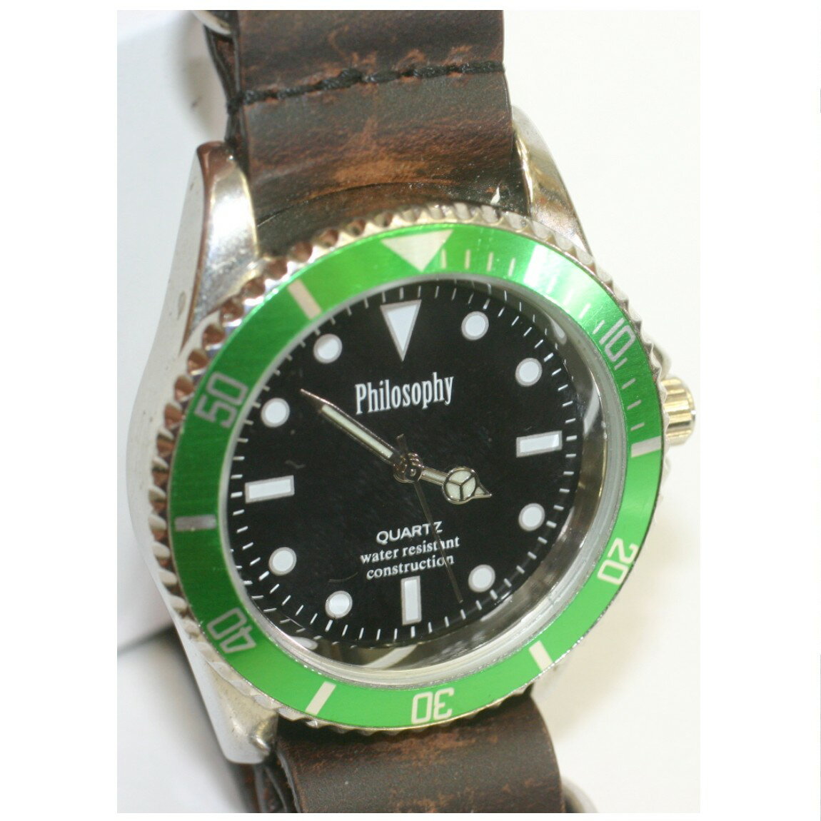完動美品PHILOSOPHYフィロソフィーの紳士用のお洒落なグリーンベゼルのダイバー型時計　1ヶ月保障付○A14-67