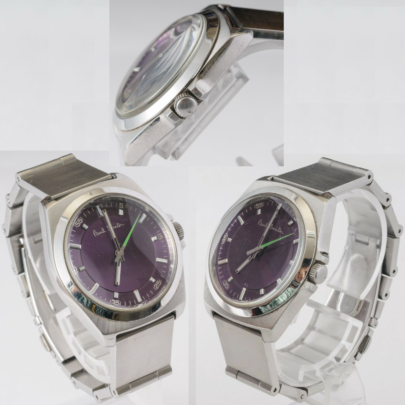 【中古】本物ポールスミス紳士用紫色文字盤x銀色お洒落なキャタピラ式時計　1か月保証付き ○A7-87