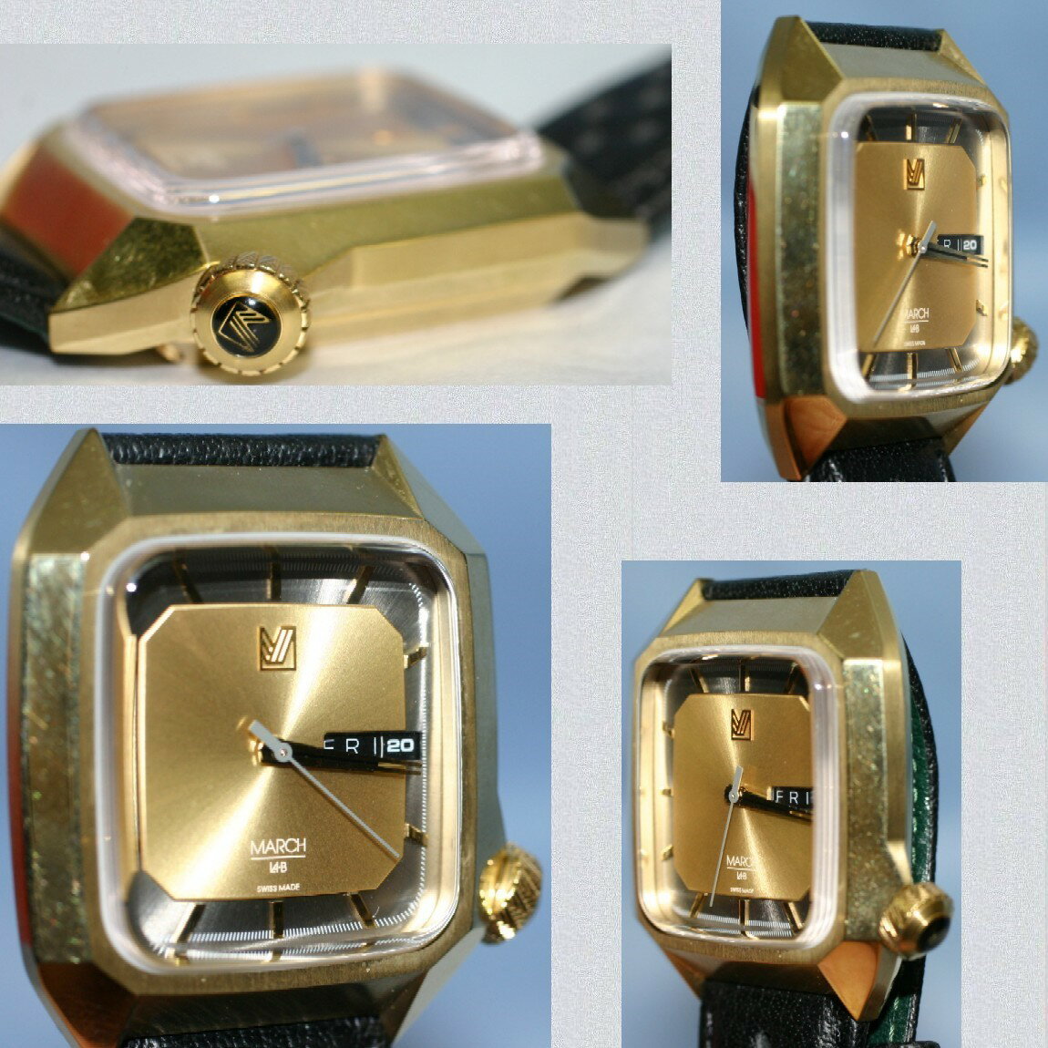 【中古】本物完動美品 MARCH LA.B マーチエルエービー　AM2-38MM　メモゴールドダイヤル パンチングバッファローレザーストラップ 紳士用クォーツのごつい時計　1ヶ月保証付き ○A10-98