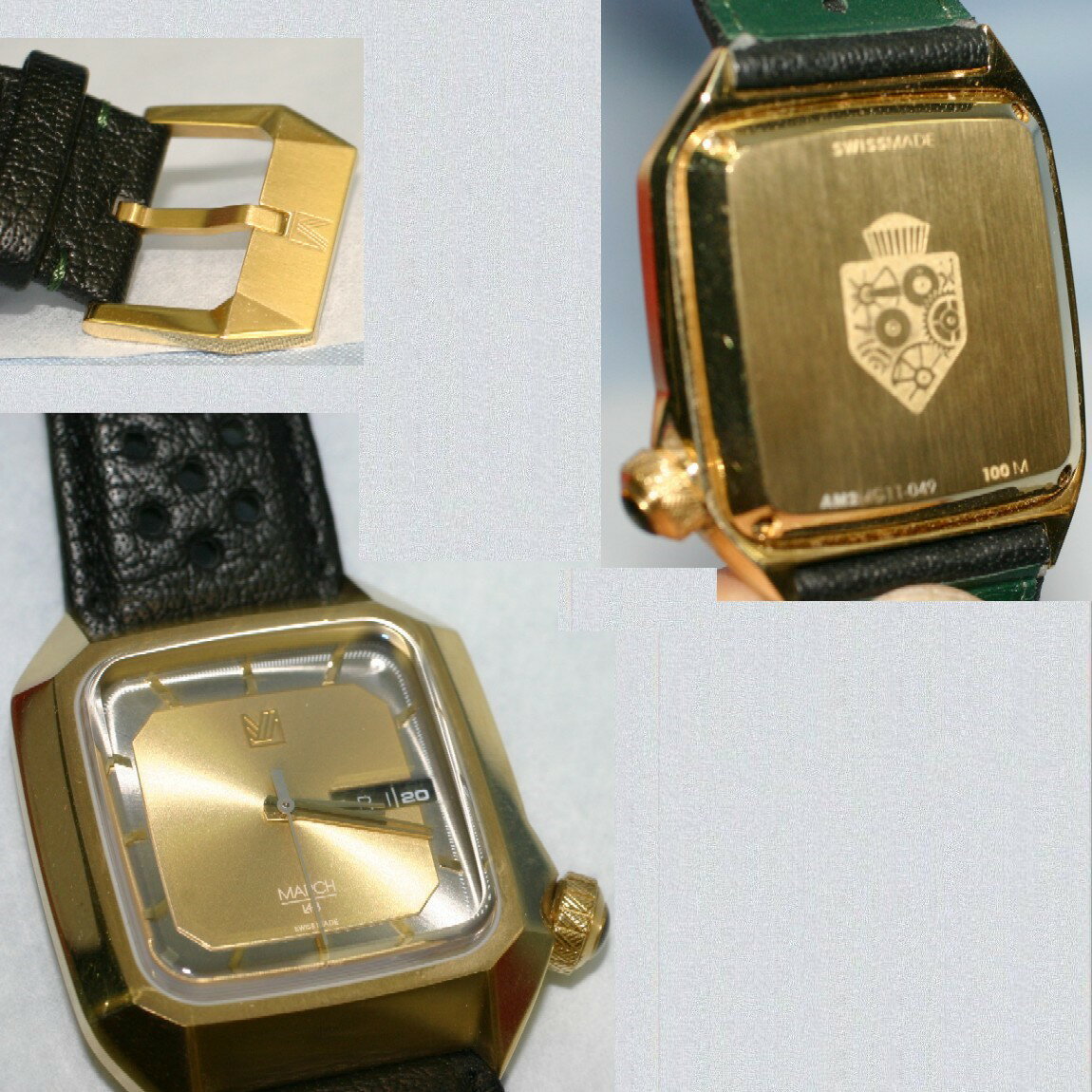 【中古】本物完動美品 MARCH LA.B マーチエルエービー　AM2-38MM　メモゴールドダイヤル パンチングバッファローレザーストラップ 紳士用クォーツのごつい時計　1ヶ月保証付き ○A10-98