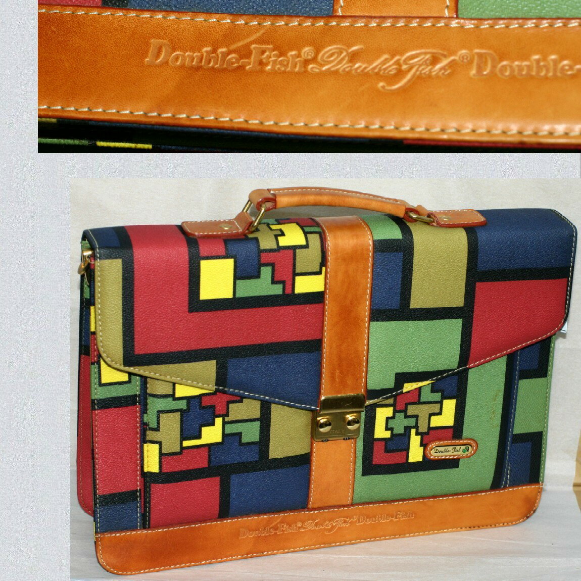 【中古】本物Wフィッシュの紳士用マルチカラー滑革xエンビ素材38cm書類鞄ブリーフケース　○C10-460