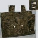 【中古】本物綺麗HeM黒ロゴxカーキ色34x25cm軽いナイロントート ○C8-183