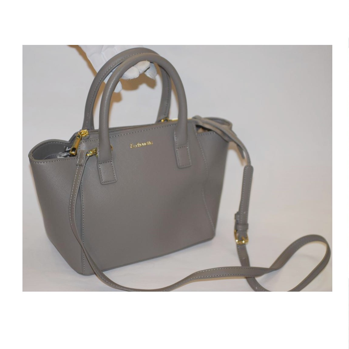 【中古】本物ほぼ新品＆chouetteアンドシュエットのグレー色合皮素材取り外し可能なショルダーストラップ付ハンドバッグ　サイズW26H19,5D13,5cm　○C15-356-4 LM