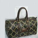 【中古】本物美品ロンシャン黒柔らかい革に格子模様馬とリボンの絵柄旅行鞄ボストンバッグW35H18D18cm ○C11-453-2