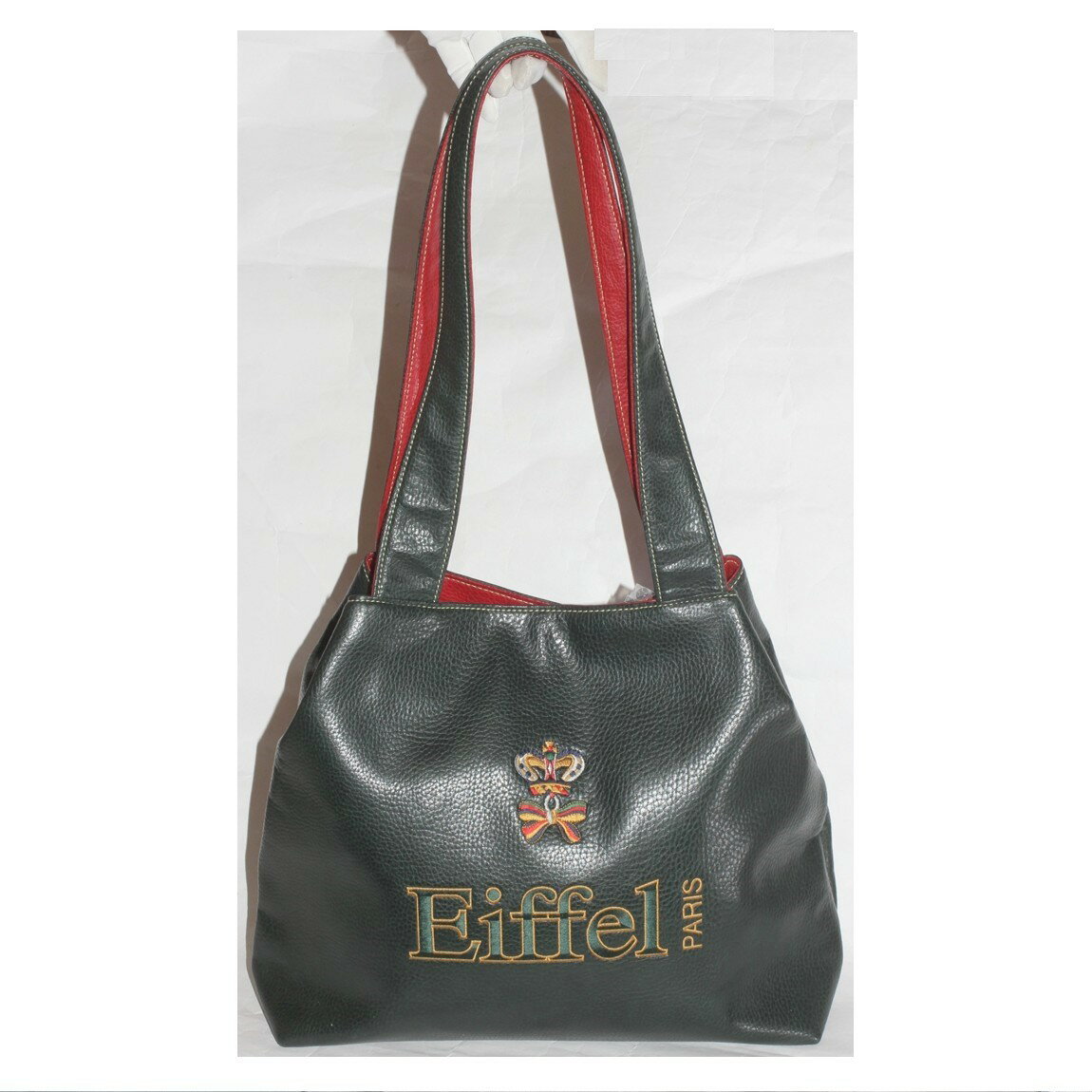 【中古】本物綺麗Eiffelエッフェルの女性用の深緑色ボコボコした質感の合皮素材の台形のショルダーバッグ サイズW37H31D12cm 〇C18-227-2 X-17