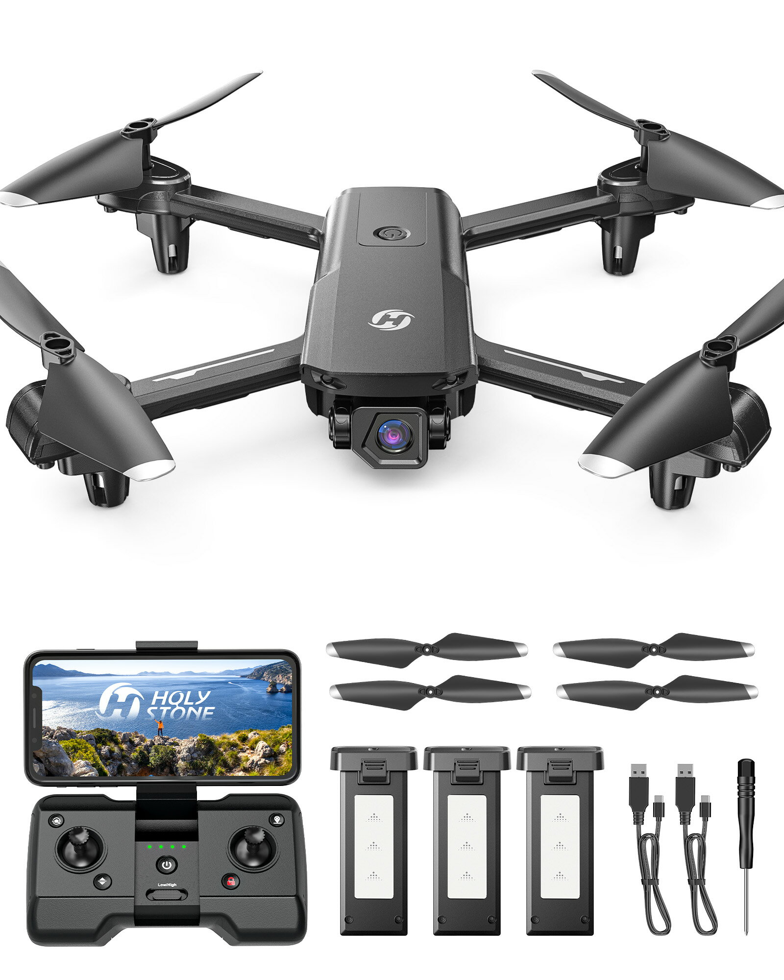 100g未満 HolyStone ドローン 1080Pカメラ付き GPS搭載 バッテリー3個 42分飛行時間 120°カメラ リターンモード フォローミーモード...