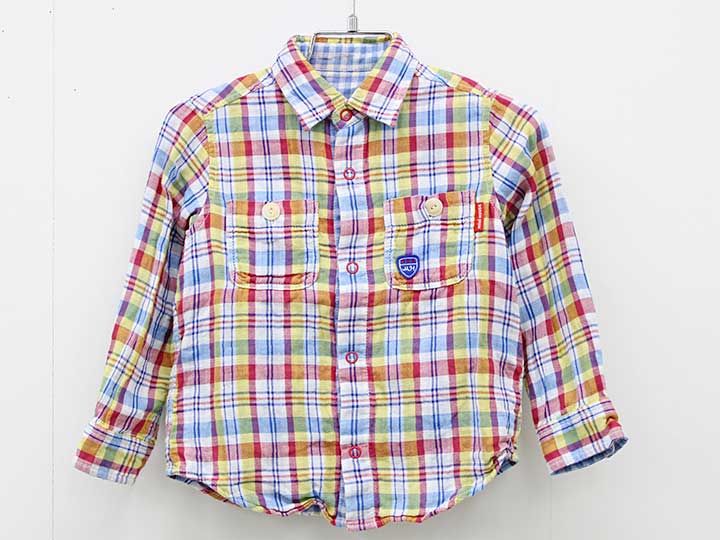 Long-Sleeved - □ミキハウス/MIKIHOUSE□100cm 長袖シャツ 赤系 青系 マルチカラー リバーシブル【中古】子供服 キッズ kids 男の子 春 tops 412052