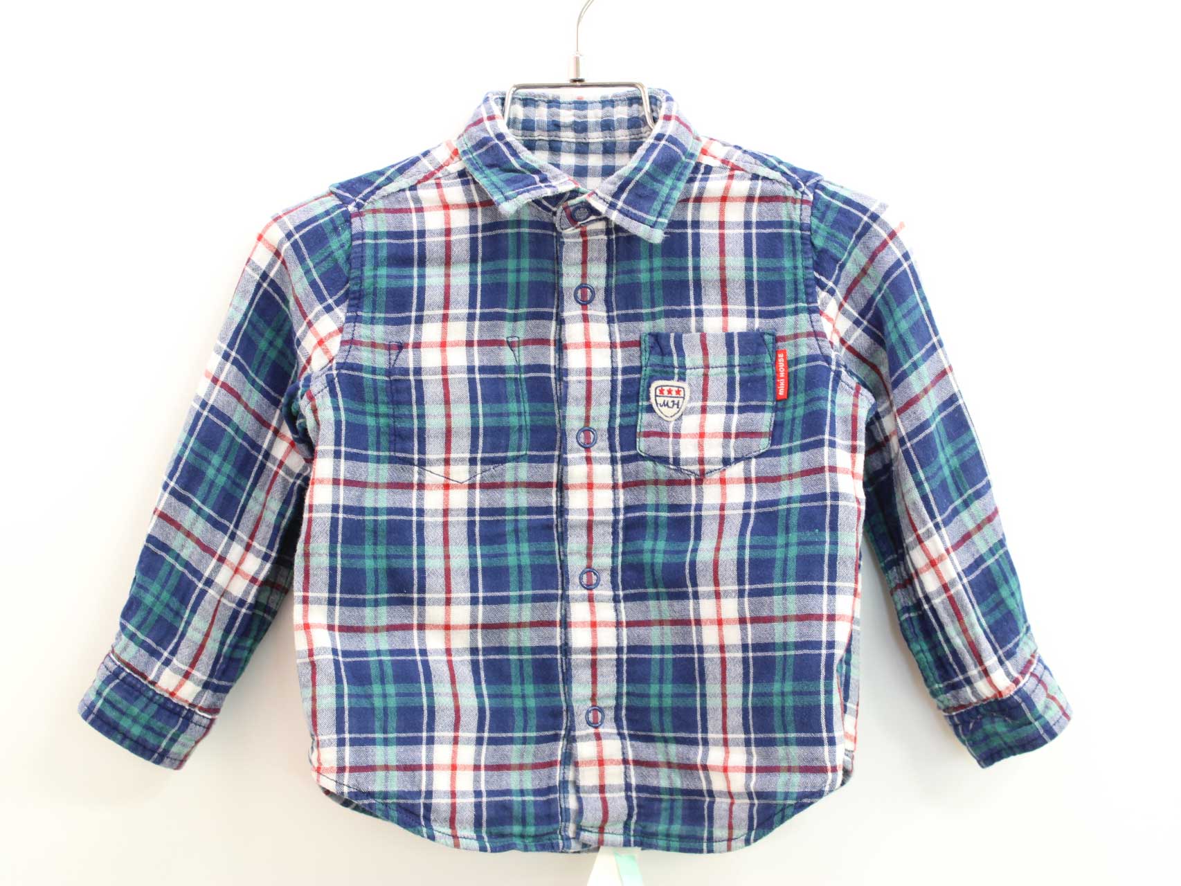 【値下げ!】□ミキハウス/MIKIHOUSE□90cm 長袖シャツ 青系 リバーシブル【中古】子供服 キッズ kids ベビー服 baby 男の子 春 tops 412052