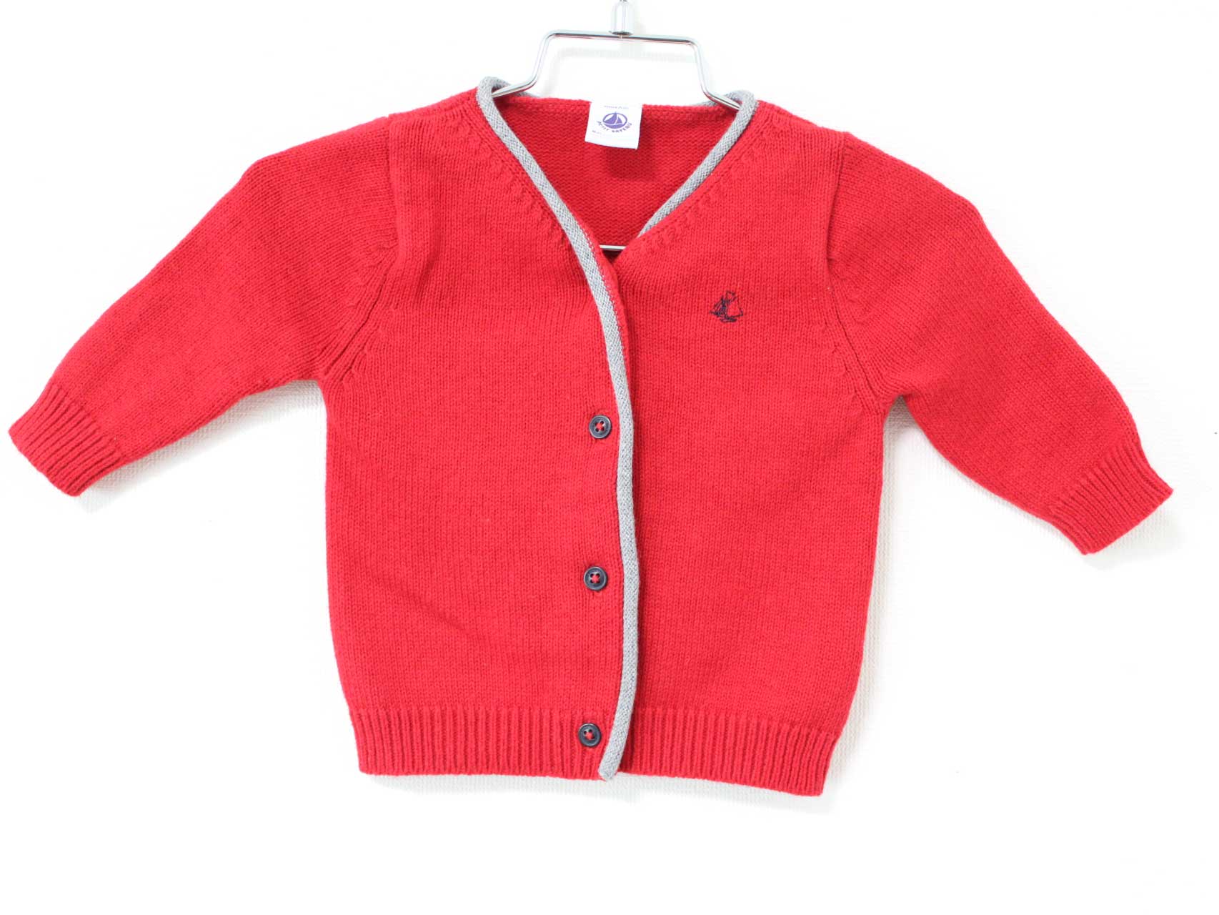 【楽天スーパーSALE!】〓プチバトー/PETIT BATEAU〓67cm(6m) 長袖カーディガン 赤×グレー【中古】 子供..