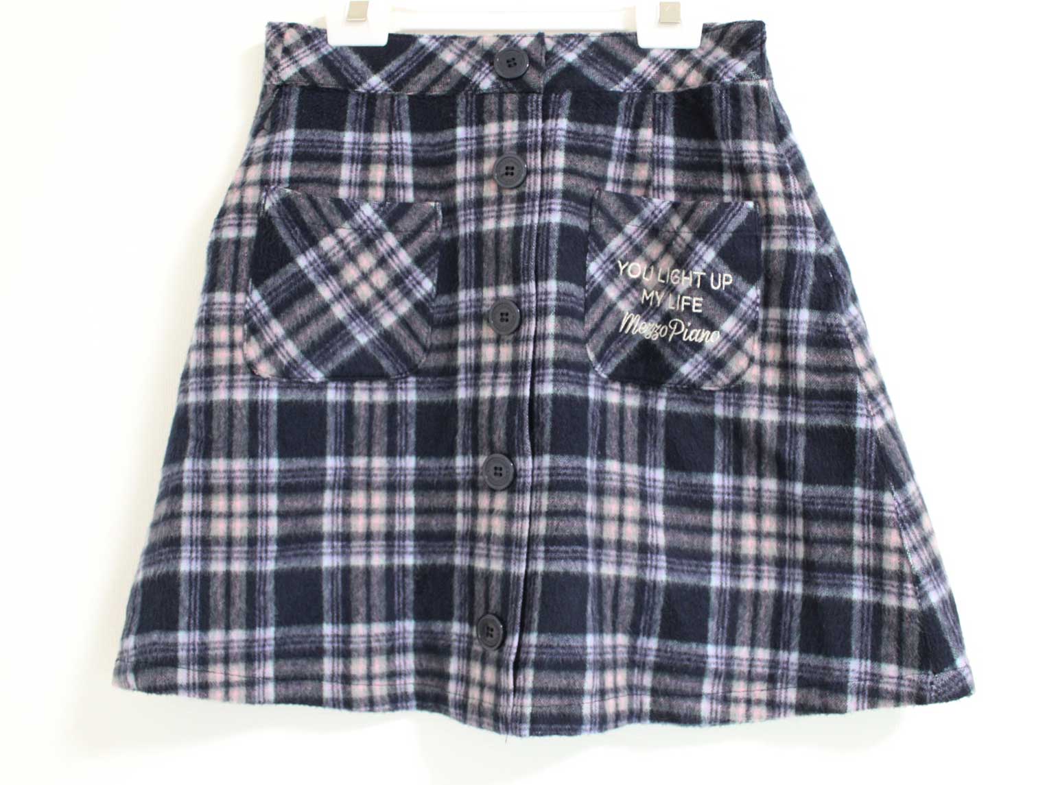 〓メゾピアノ/mezzo piano〓150cm スカート 紺×緑×紫 【中古】子供服 キッズ kids ジュニア 女の子 秋..