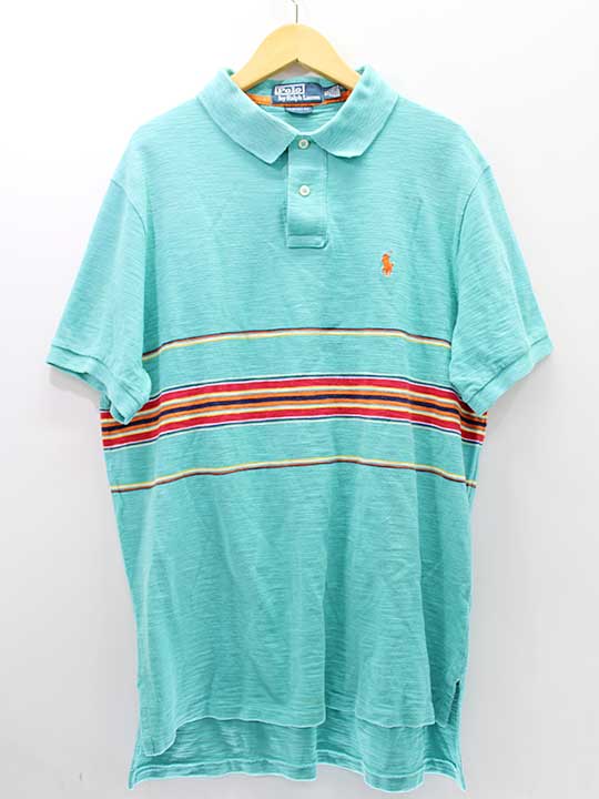 ポロラルフローレン フロントボーダーカスタムフィットポロシャツ XL メンズ ブルーグリーン【中古】【新入荷】★