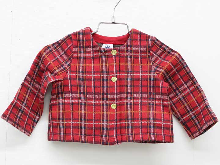 【値下げ!】▽プチバトー/PETIT BATEAU▽74cm 長袖カーディガン 赤系チェック 裏起毛【中古】子供服 キッズ kids ベビー服 baby 女の子 秋冬 tops 812142