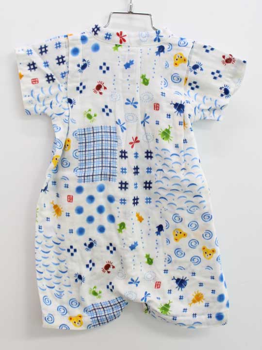 【新規SALE!】ミキハウス 甚平オール 70-80cm キッズ 男児 白×ブルー系【中古】▽