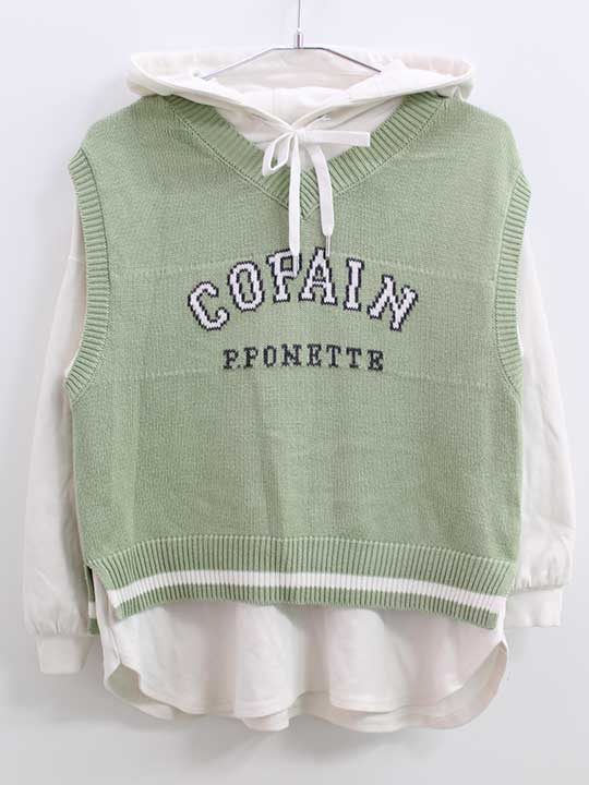 ポンポネット ベスト×フード付き長袖カットソーセット 140cm キッズ 女児 グリーン×白【中古】【新入荷!】▽