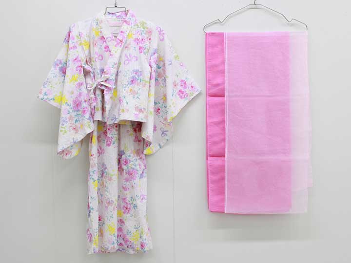 メゾピアノ セパレート浴衣×帯セット 110cm キッズ 女児 白×ピンク系【中古】【新...