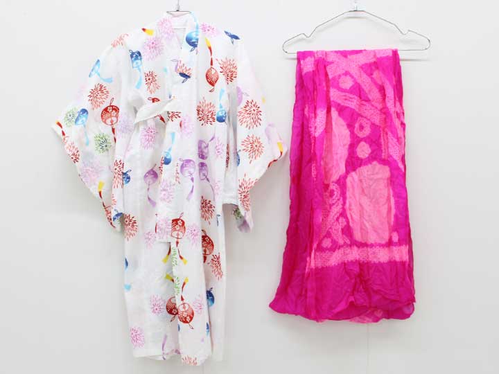 浴衣×帯セット 100cm キッズ 女児 白【中古】▽