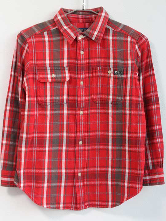 ラルフローレン 長袖シャツ 120m キッズ 男児 赤×ブラウン 【中古】〈