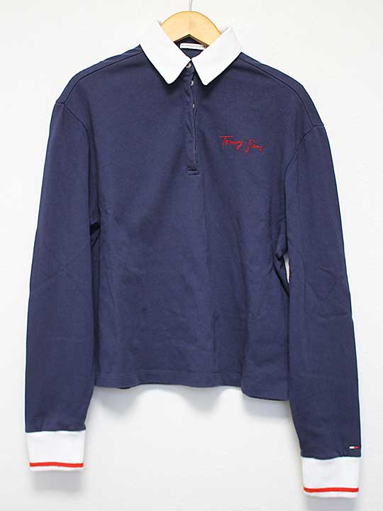 【楽天スーパーSALE】△TOMMY JEANS/トミー ジーンズ△ポロシャツ/長袖/無地/ロゴ/ワンポイント　ネイビー/紺　 レディース 　XS　【中古】　春夏秋冬 110122