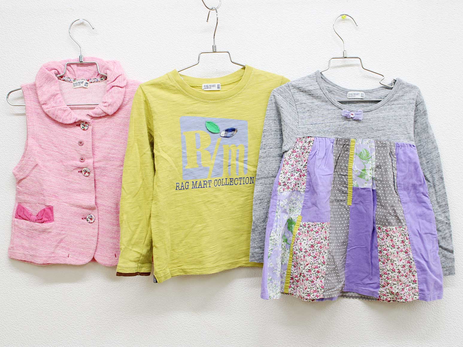 T-Shirts （Short Sleeve） - 【値下げ!】◇ラグマート/RAG MART◇110cm ベスト＆長袖カットソー/Tシャツ3点set ピンク＆グレー＆黄【中古】【ネット限定】子供服 キッズ kids 女の子 秋冬 tops 528042