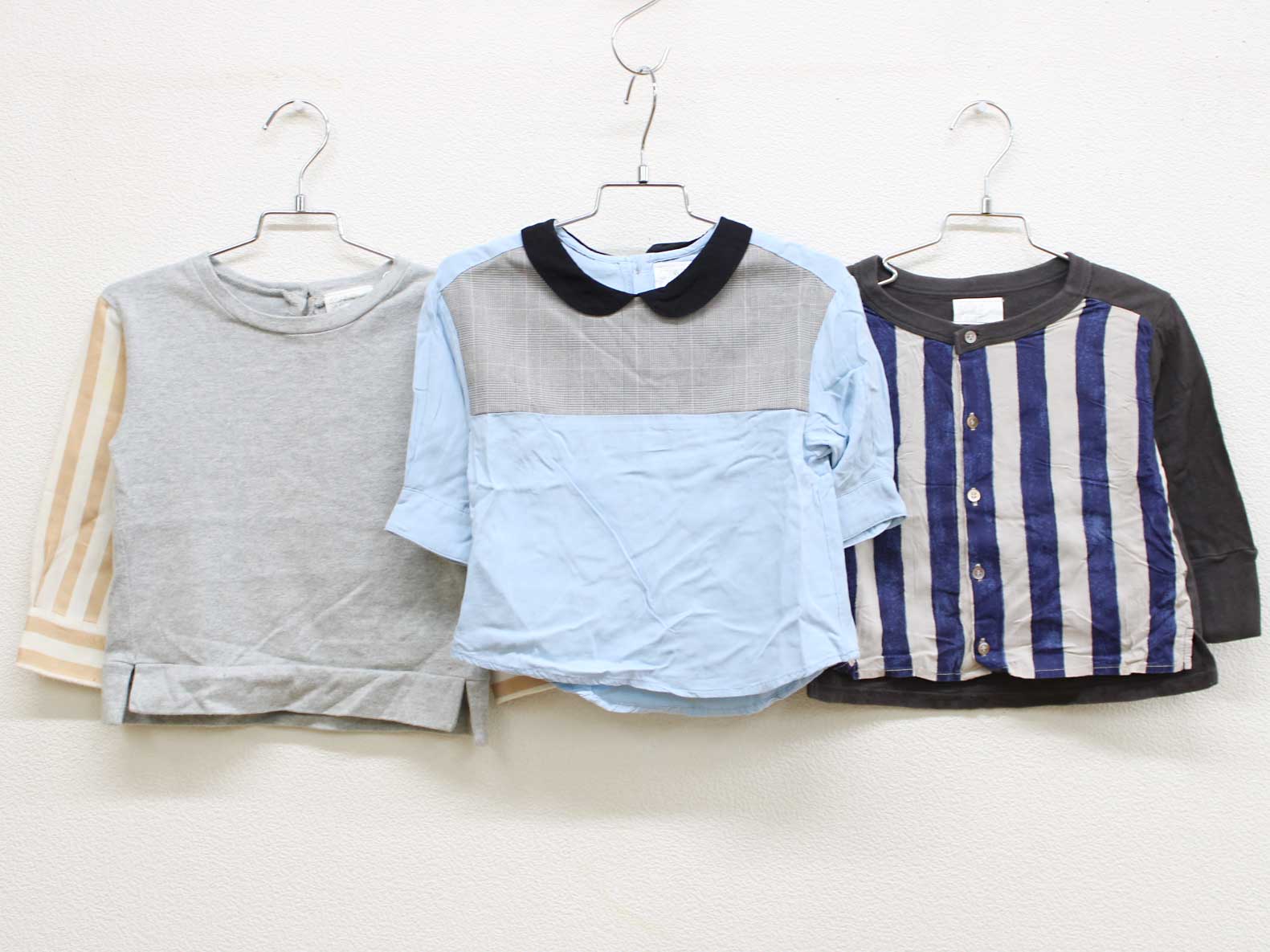 【値下げ!】◇スワップミートマーケット◇100cm 長袖カットソー/長袖Tシャツ＆五分袖シャツ/ブラウス3点set グレー×ベージュ＆グレー×紺＆水色×グレー【中古】【ネット限定】子供服 キッズ kids ベビー服 baby 男の子 女の子 春秋 tops 528042