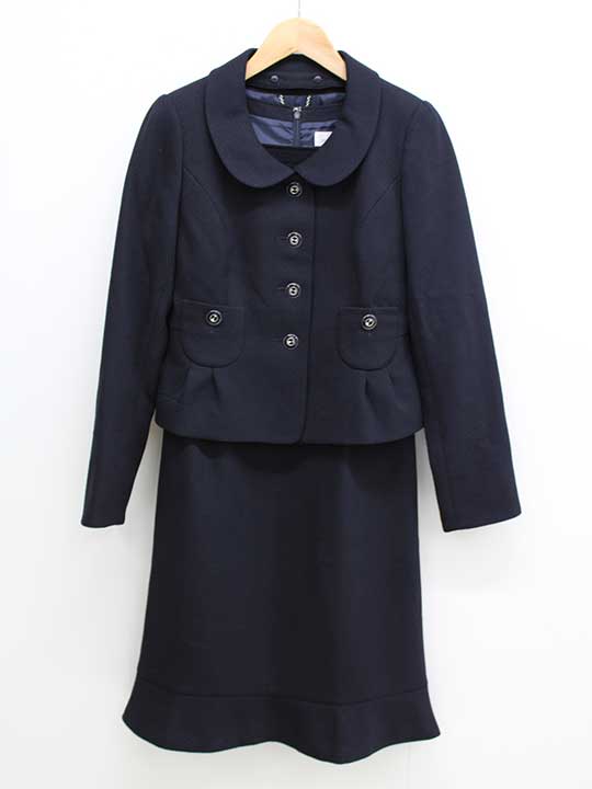 【新規値下げ】‡courreges/クレージュ‡アンサンブルスーツ/ジャケット/長袖/半袖/ミディアム丈 ネイビー/濃紺 レディース 36 お受験 面接 フォーマル 卒業式 入学式 説明会 見学会 学校行事式典 【中古】春夏秋冬 tex t829042