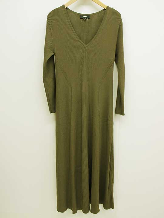 【値下げ】‡theory /セオリー‡リブニットワンピース/七分袖/ロング丈 カーキ レディース S 【中古】春秋 onepi 412052