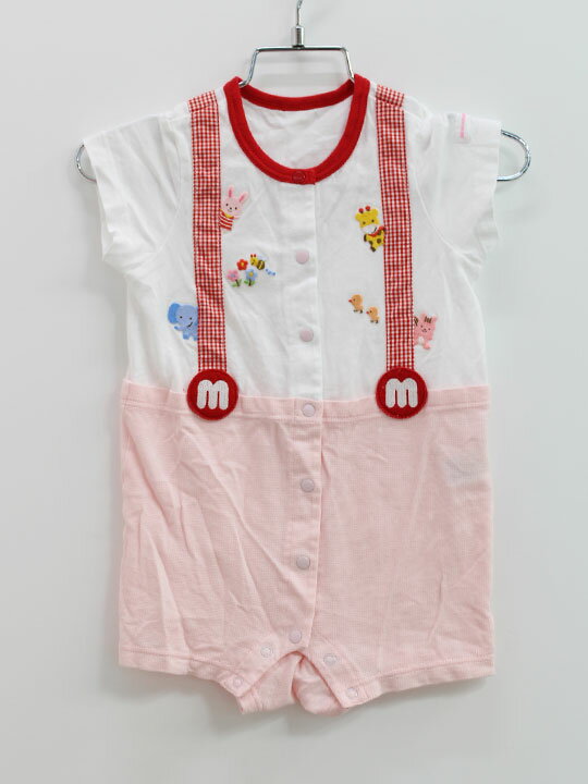 ミキハウス 半袖ショートオール 80cm キッズ 男児 女児 白 赤【中古品】●