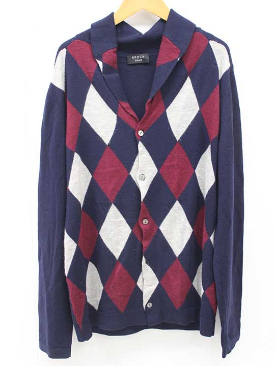 【楽天スーパーSALE】エポカウォモ モヘア混アーガイルカーディガン ネイビー メンズ48【中古】▽