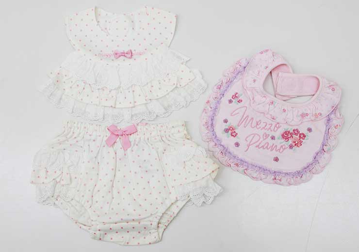 Bib Set - メゾピアノ スタイ＆ブルマset キッズ 女児 白＆ピンク【新品 未使用品】【ネット限定】≪