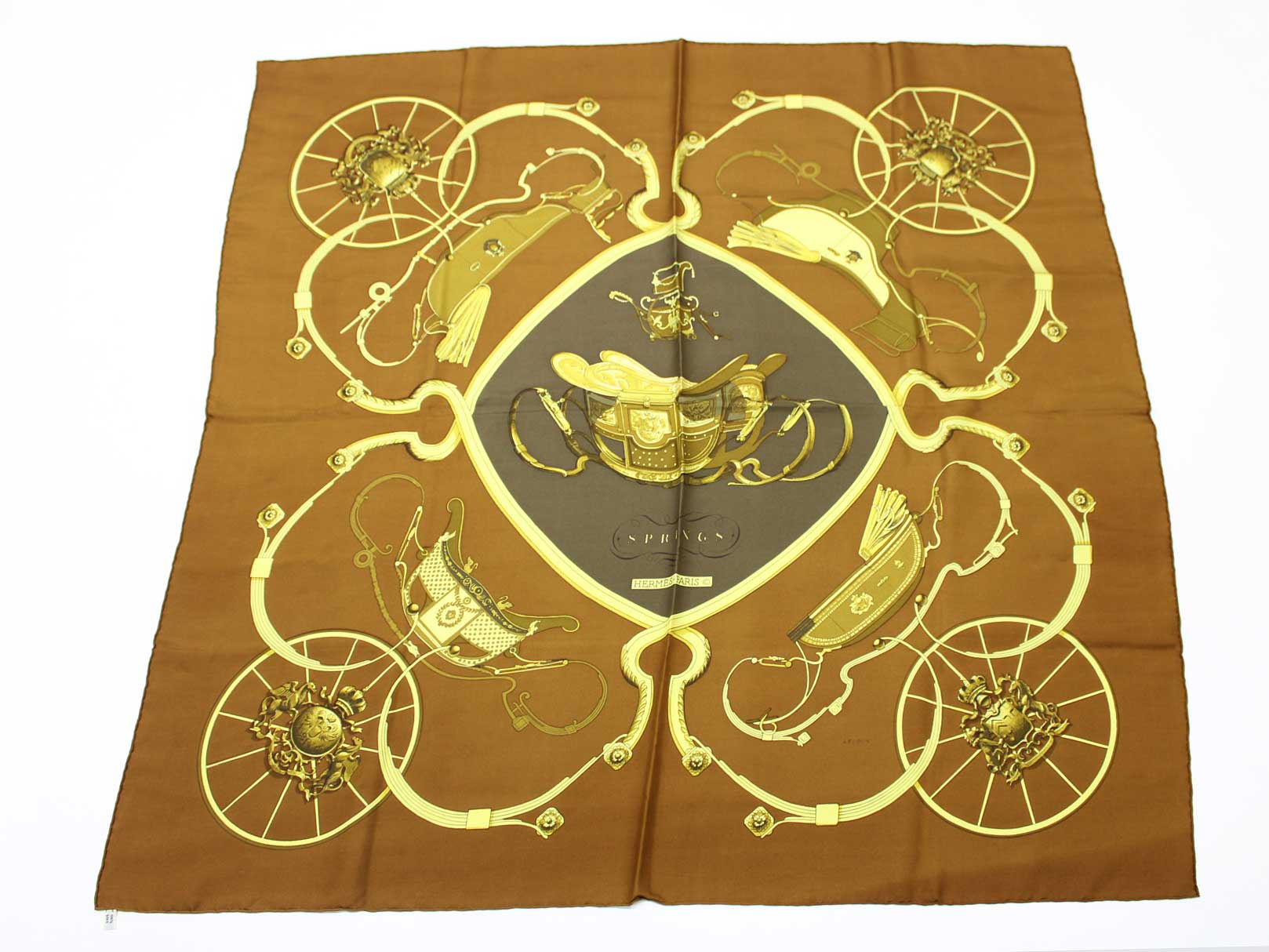 【新規値下げ】『HERMES/エルメス』カレ90/スプリングス/大判スカーフ/ストール/スカーフ/きれいめ/小物 ブラウン系×マルチ/茶色×マルチ レディース 【中古】 春夏秋冬 hat etc 812142